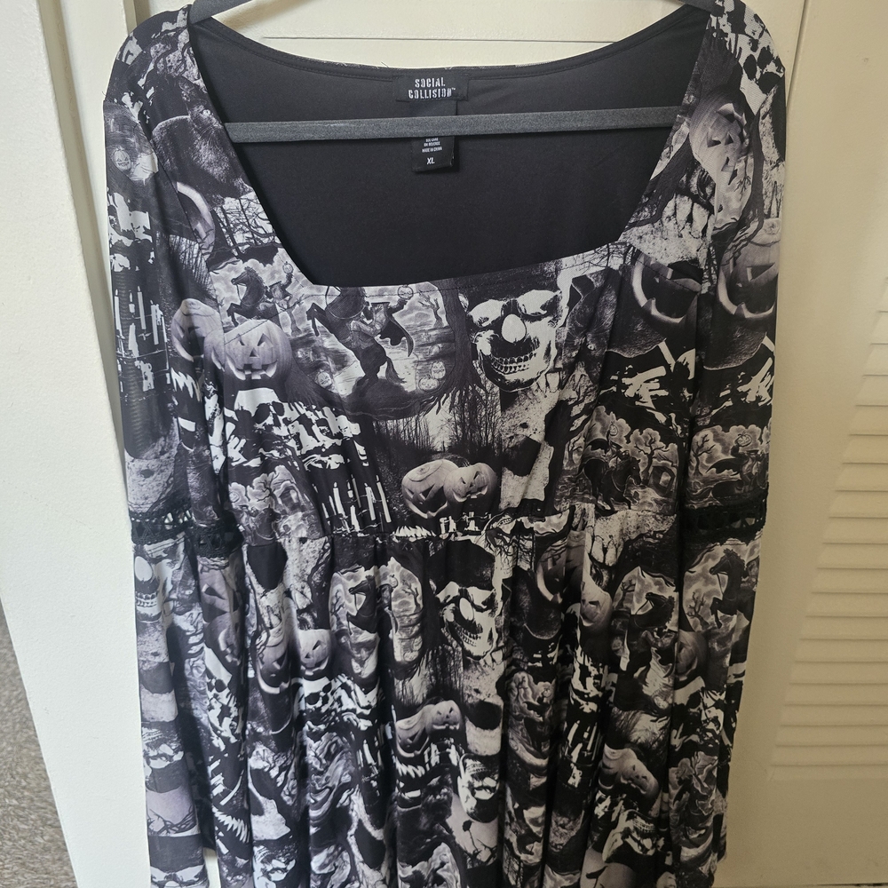 Social Collection Black & White Halloween Print Fit-and-Flare Dress